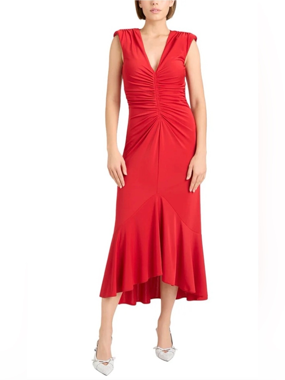 Cinq à Sept Red Ruched V-Neck Mermaid Midi Dress Size 12 NWT Candy Apple
